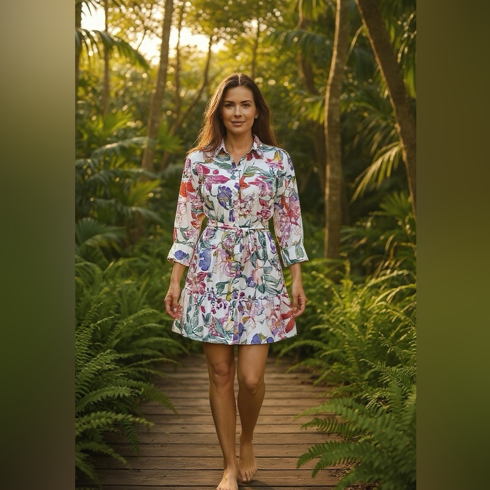 Zara Lilies Floral Print Ruffled Shirt Mini Dress Satiny Fabric Sz M